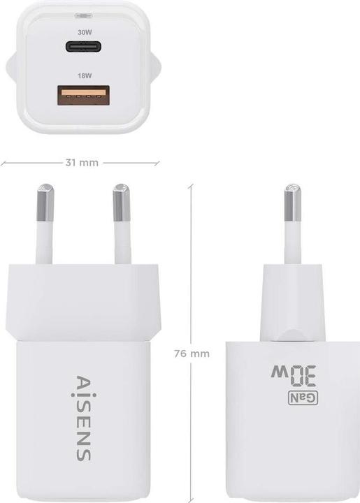 Actual product image Aisens Gan 30W Charger, 1xUSB-C PD3.0 QC4.0, 1xUSB-A QC3.0, White (30 W, 1 portion)
