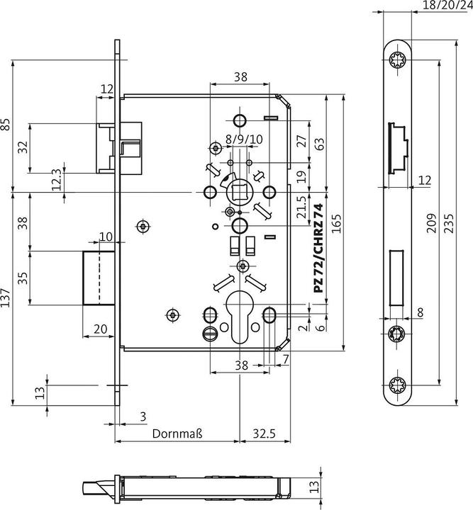 Image du produit BKS Serrure à mortaiser 0615 PZW 24/55/72/8 mm DIN gauche acier inoxydable arrondi classe 5