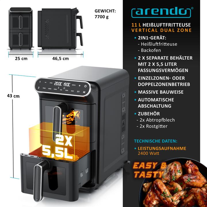 Actual product image Arendo Heissluftfritteuse, 2 Kammern Übereinander, XXL Doppelkammer Airfryer 11 L, Dual Zone, 2640 W