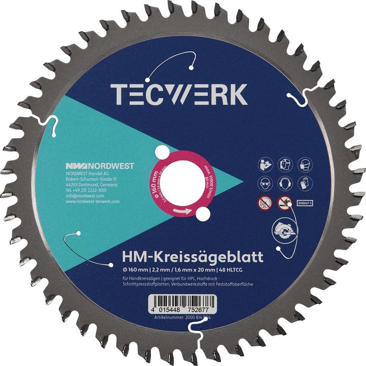 Tecwerk Handkreissägeblatt Aussen-Ø 165 mm Zähnezahl 48 HLTCG Bohrung 20 mm Schnittbreite 2,6 mm