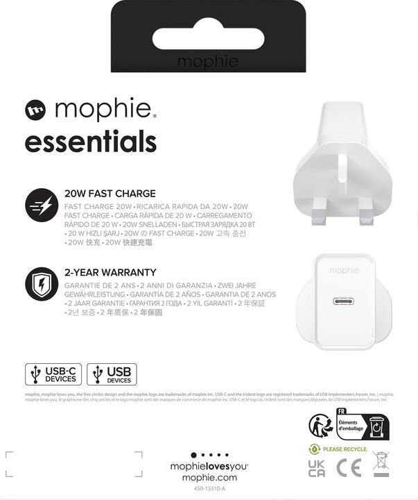 Produktbild mophie essentials 20W USB-C PD wall adapter, Drinnen, AC, Weiss (20 W, 1 Port)