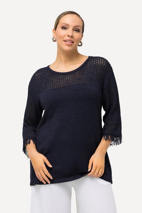 Actual product image Ulla Popken Openwork Striped Panel Fringed Cuff Sweater (54)