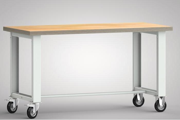 KLW Werkbank B1500xT700xH840mm Buche Multiplex lichtgrau, RAL 7035 Bock-u.Lenkrollen, Vollgummi Ø 125 mm