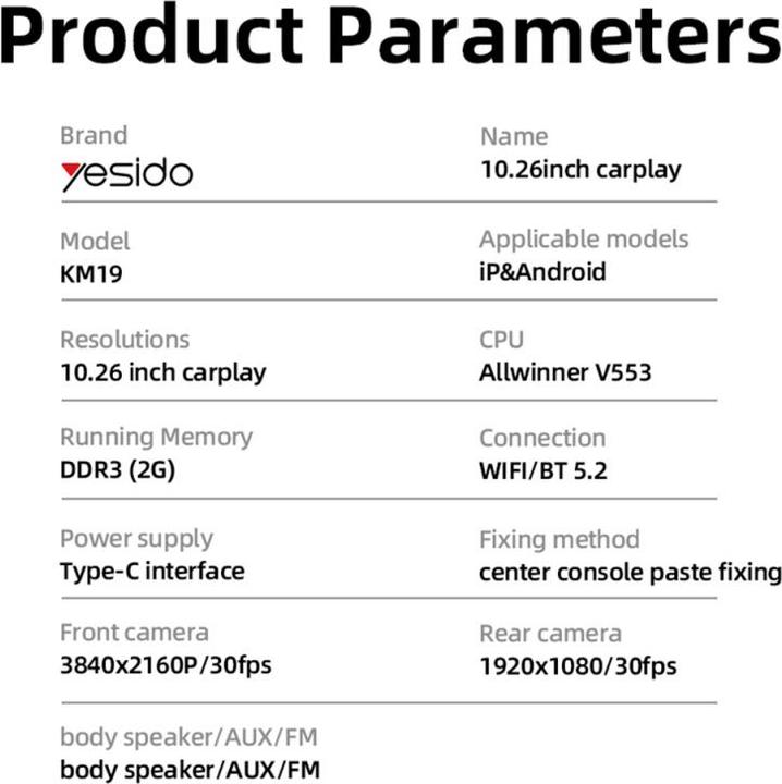 Nährwerte und Zutaten Yesido Car Navigation KM19, Wi-Fi, 10.26inch, Black (10.26")