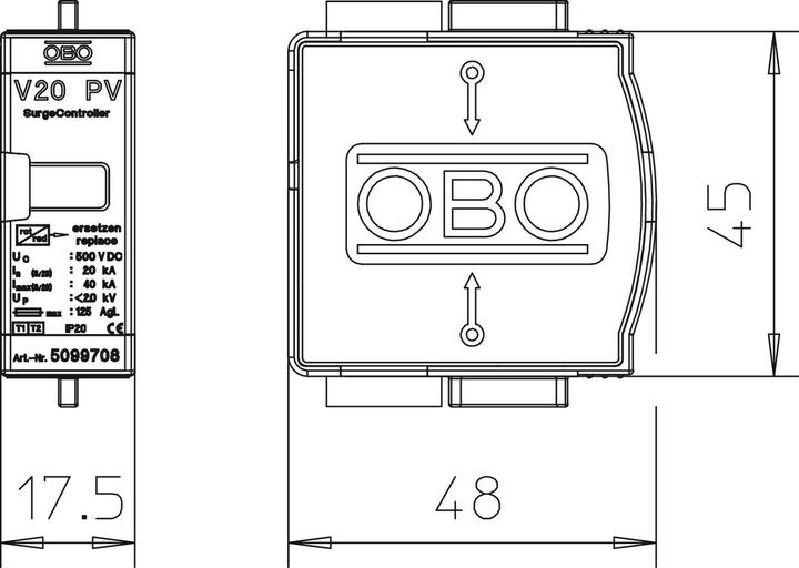 Produktbild OBO Bettermann OBO SURGECONTROLLER V20,OBERTEIL F / OBO V20-C 0-500PV 5099708