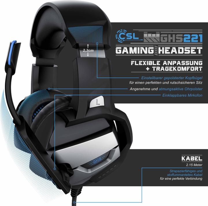Produktbild CSL Gaming Headset "GHS-221" mit Mikrofon & AUX, Gamingheadset geeignet für PC/ PS4/ PS4 Pro (Kabelgebunden)