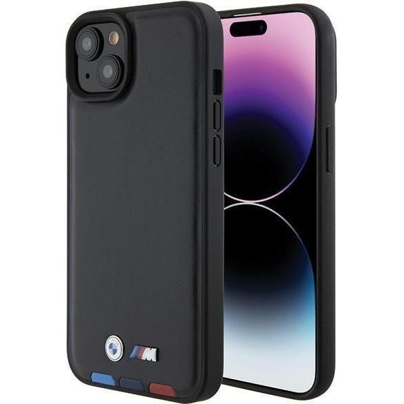 BMW BMHCP15M22PTDK iPhone 15 Plus 6,7" in pelle nera con timbro tricolore (Apple iPhone 15 Plus), Cover smartphone, Nero