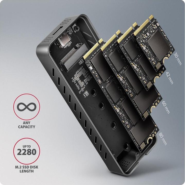 Actual product image Axagon EEM2-20G NVMe SSD enclosure, USB-C 3.2, 20 Gbps, 2230 - 2280 - black (M.2 2280, M.2 2230, M.2 2260, M.2 2242)