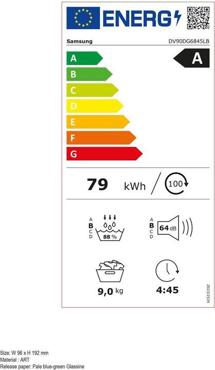 Label énergétique Samsung DV90DG6845LBU5 (9 kg, Droite, Modifiable)