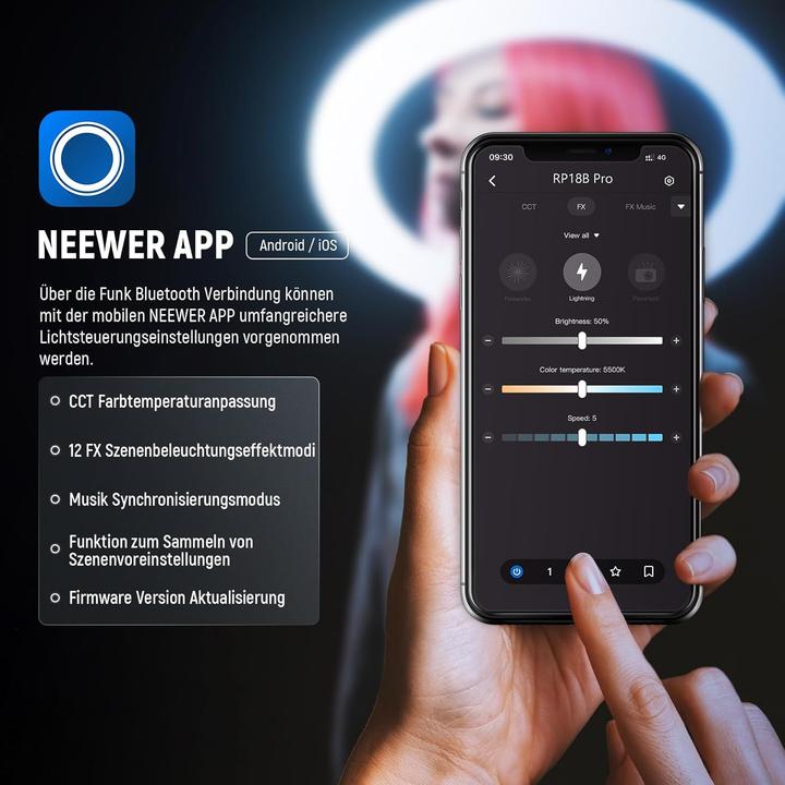 Actual product image Neewer Ringlicht RP18B Pro mit Stativ und Handyhalterung (Ring light)