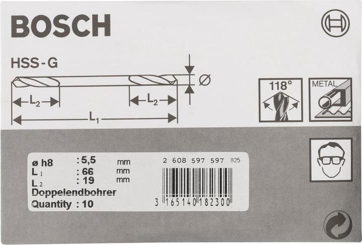 Produktbild Bosch Professional Zubehör Doppelendbohrer HSS-G, 5,5 x 19 x 66 mm, 10er-Pack (5.5 mm)
