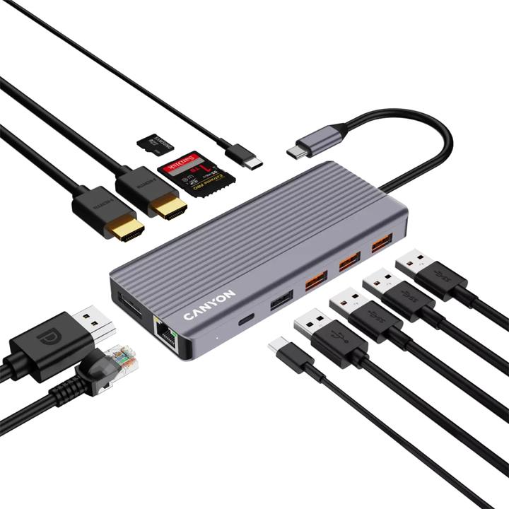 Produktbild Canyon USB-13-in1 HUB USB-C > 2xHDMI/1xDP/4xUSB/RJ45/SD/Aud. retail (USB-C, 13 Ports)