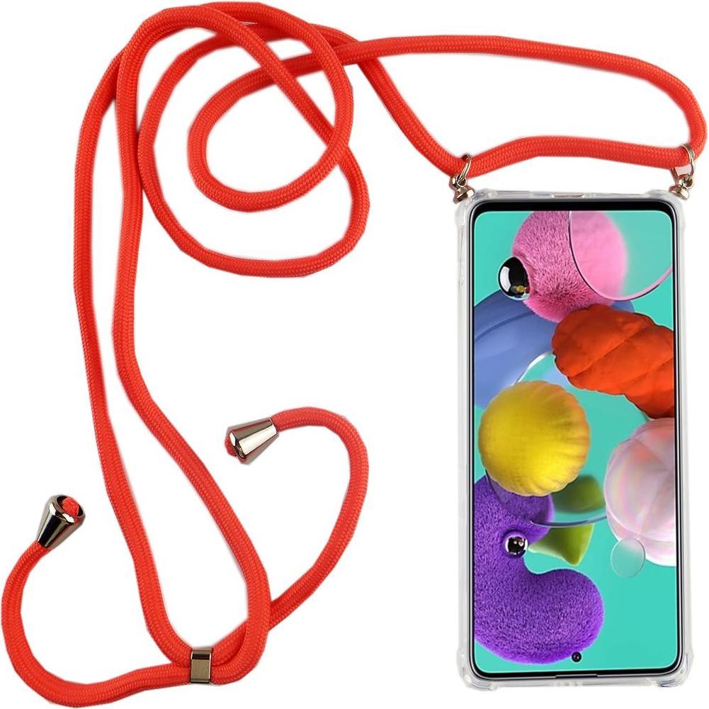 König Design Handykette für Samsung Galaxy A51 mit Band Case zum umhängen Kordel Etui Pink, Handykette, Transparent