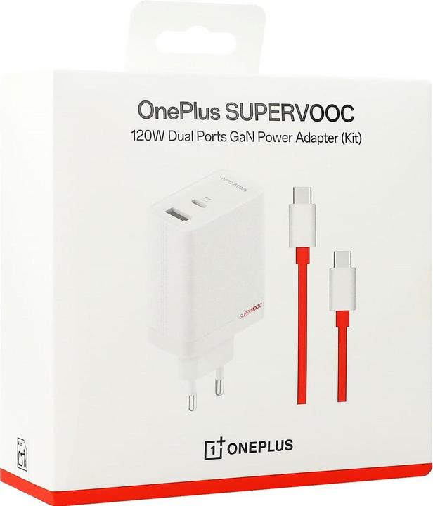 Immagine prodotto OnePlus Adattatore SuperVooc a due porte da 120W + cavo (Tipo-C + Tipo-A) - Bianco (120 W)