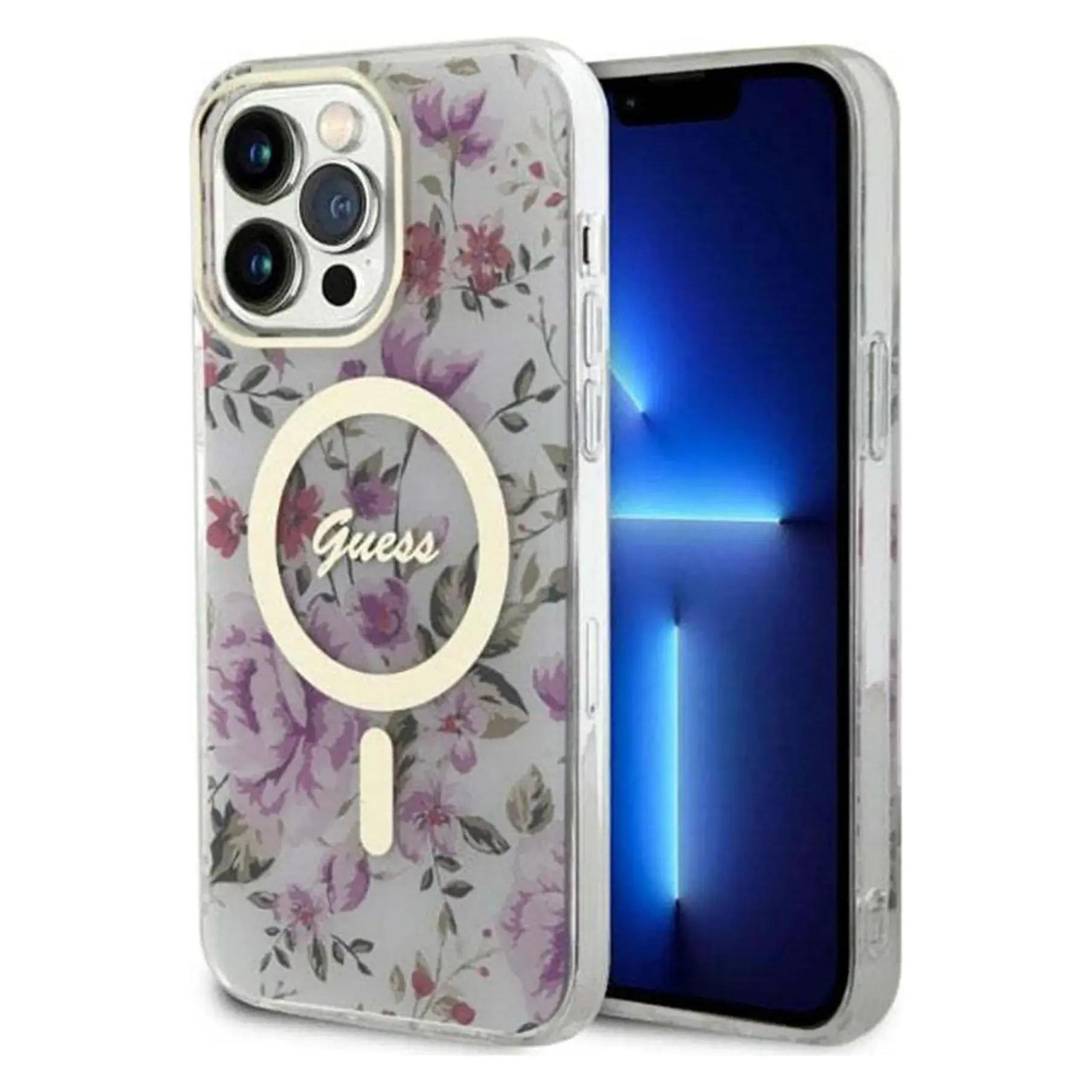 Guess IPhone 14 Pro Max 6.7 Hardcase Flower MagSafe (Apple IPhone 14 Pro Max), Smartphone Hülle, Transparent