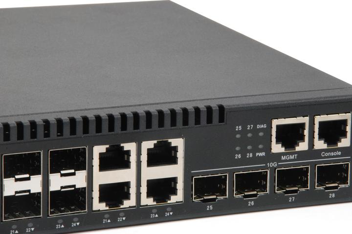 Actual product image LevelOne 20 x SFP, /100/1000 RJ-45/SFP, 4 x SFP + uplink, 1 x RJ-45 RAM, 100-240VAC (28 ports)