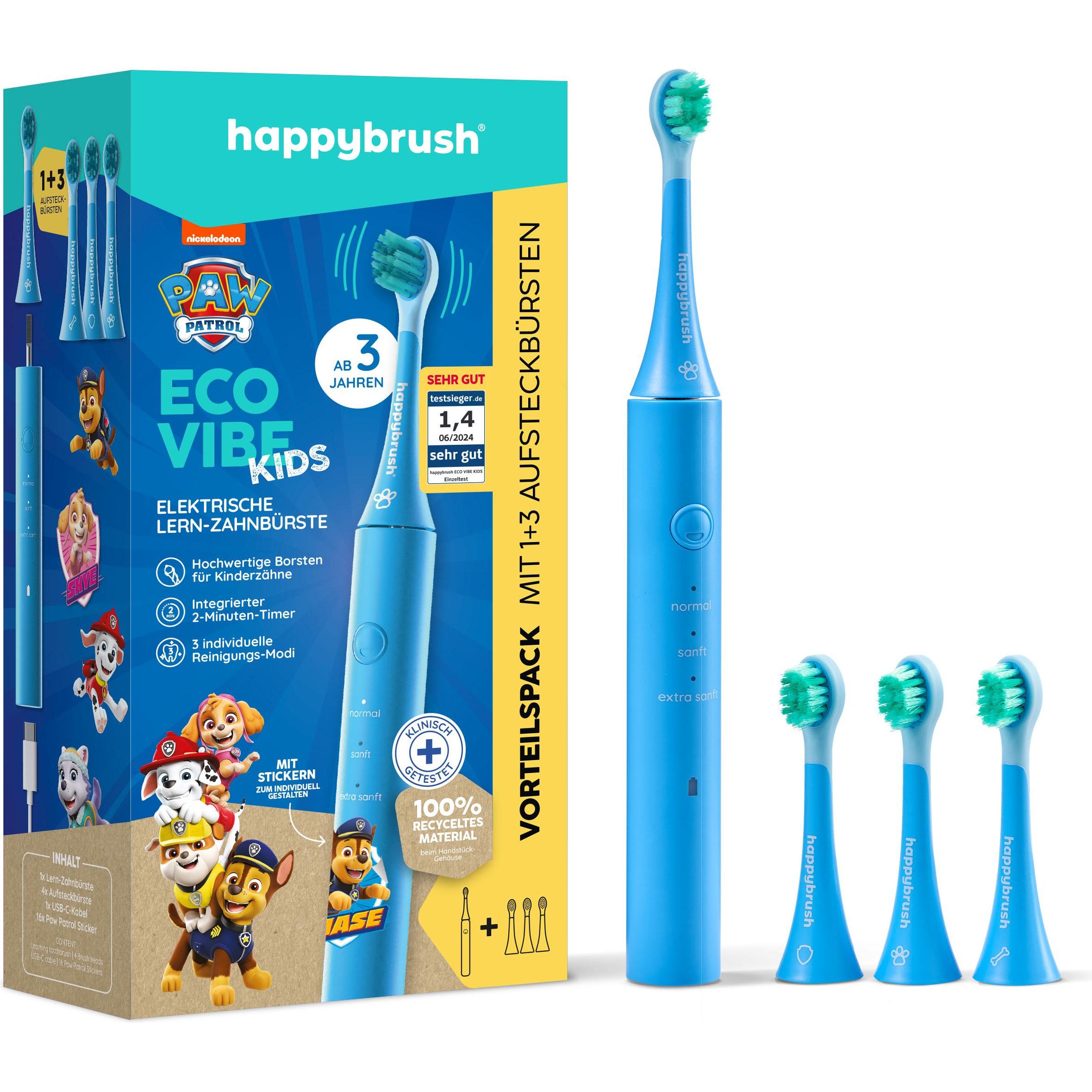 happybrush, Elektrische Zahnbürste, Happy Brush ECO VIBE KIDS Paw Patrol + 3 Refills (Schallzahnbürste)
