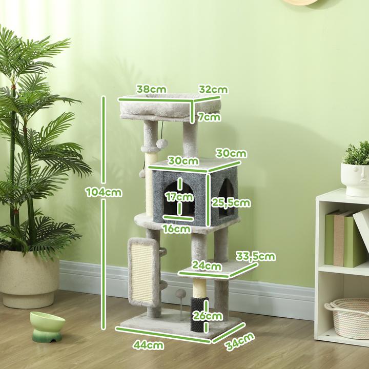 Produktbild PawHut Kratzbaum Spanplatte, Polyester Hellgrau (104 cm, Cremeweiss, Hellgrau)