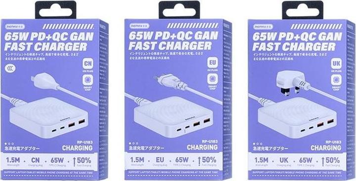 Actual product image Remax DONGFENG 65W RP-U183 GaN PD QC Reiseladegerät 2xUSB-C/2xUSB WEISS (65 W, 4 ports)
