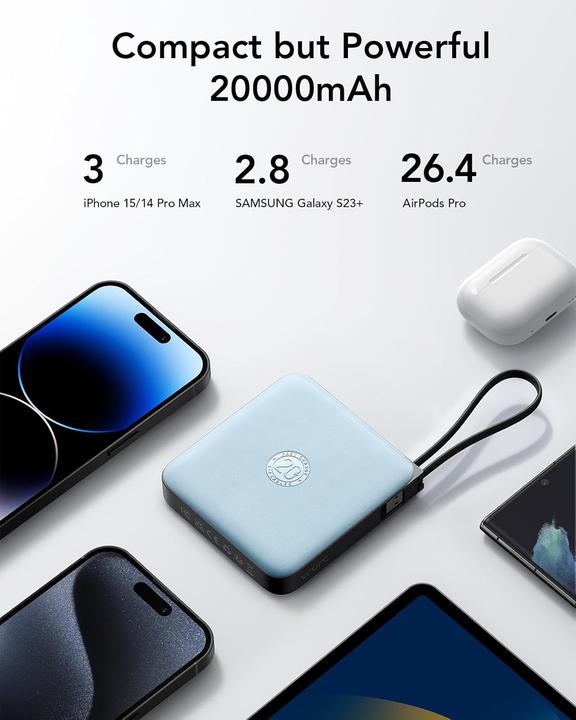Produktbild Vrurc Powerbank mit integriertem Kabel und LED-Anzeige (20000 mAh)