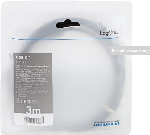 Produktbild LogiLink USB 2.0 Type-C-Kabel, USB-C/M 90° zu USB-C/M, E-mark, PD, schwarz, 2 m (2 m, USB 2.0, 100 W)