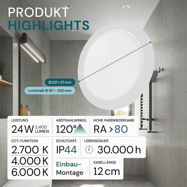 Actual product image Luxula LED-Einbauleuchte, 24W, EEK: F, 2400lm, CCT, IP44, weiss (2400 lm)