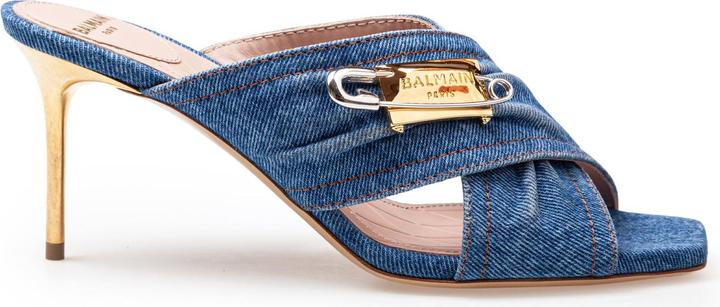 Actual product image Balmain safety mule in denim fabric with applied pin (38)
