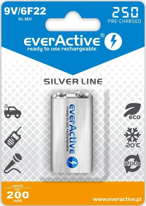 Actual product image Everactive Rechargeable 6F22 9V 250 mAh (1 pcs., 9V Block, 250 mAh)