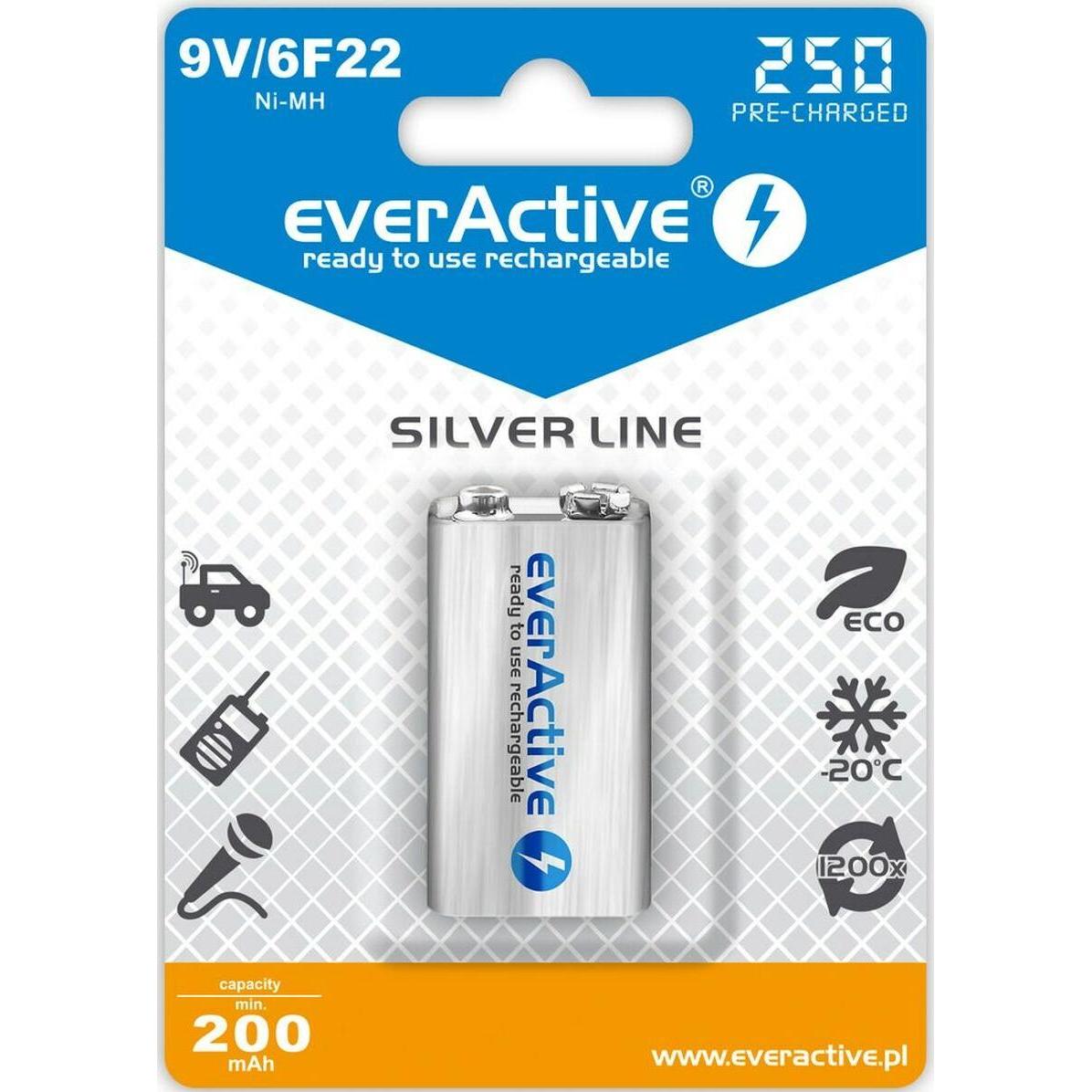 Everactive Rechargeable 6F22 9V 250 mAh (1 pz., 9V Block, 250 mAh), Batterie + pile