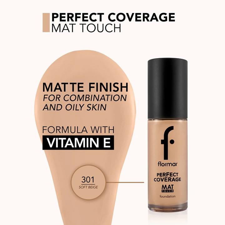 Actual product image Flormar Perfect Coverage Mat Touch Foundation - 301 Soft Beige, 30 ml