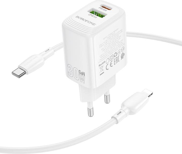 Image du produit Borofone Chargeur secteur BN29 Fuente - USB + Type C - QC 3.0 PD 30W avec câble Type C vers Lightning blanc (30 W, 2 ports)