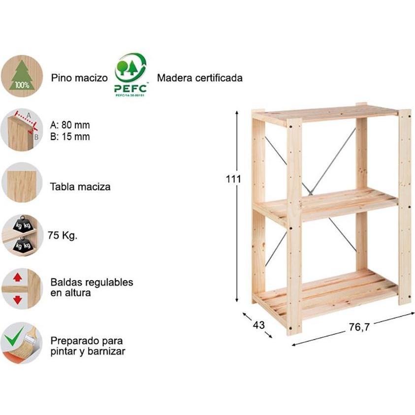 Astigarraga, Scaffale, Slided shelf evolution 3 111x76,7x43cm solid pine (111 x 43 x 76.70 cm)