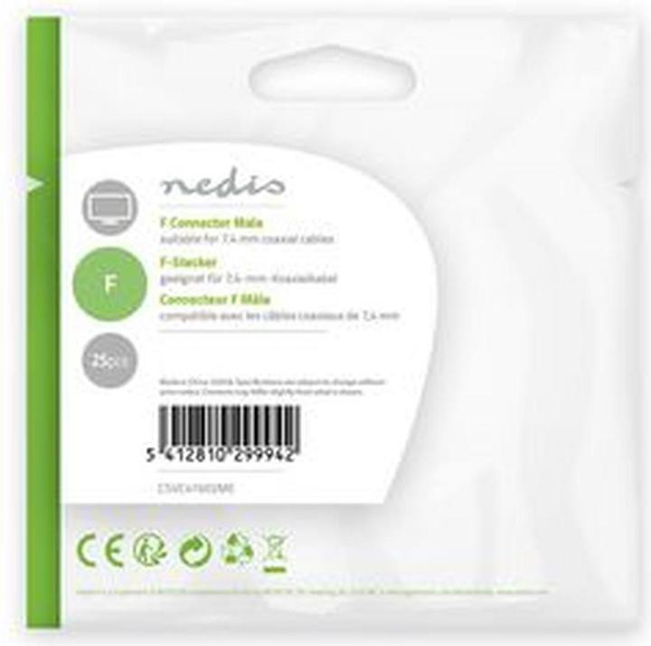 Actual product image Nedis F-plug straight plug nickel-plated 75 Ohm twist-on cable entry diameter: 7.4 mm zinc alloy (75 dB, Plugs and connectors)