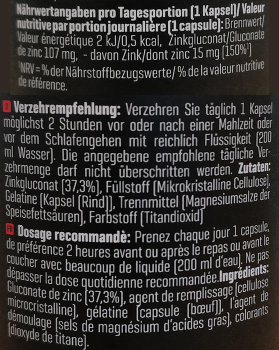 Nährwerte und Zutaten Body Attack Zinc Pro (160 Stück, Kapseln)