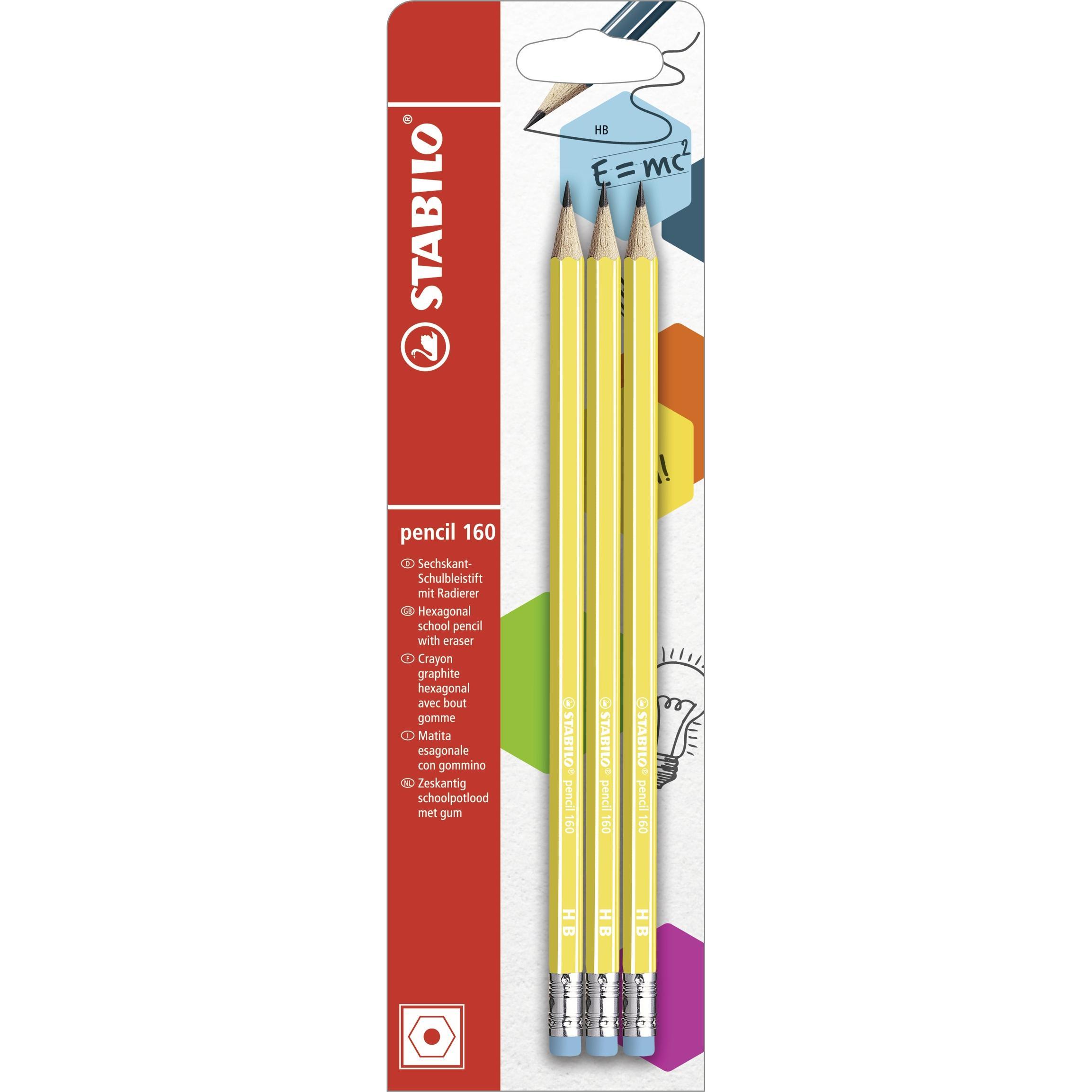 STABILO, Bleistift, Bleistift mit Radiergummi - pencil 160 in gelb - 3er Pack - Härtegrad HB (2.20 mm, HB, 3 x)