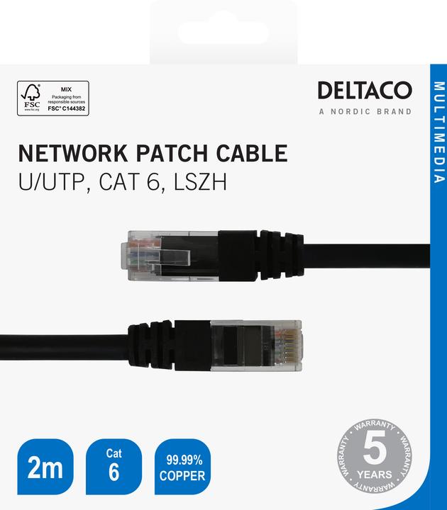 Actual product image Deltaco Cat6 Network cable, 2m, black (CAT6, 2 m)