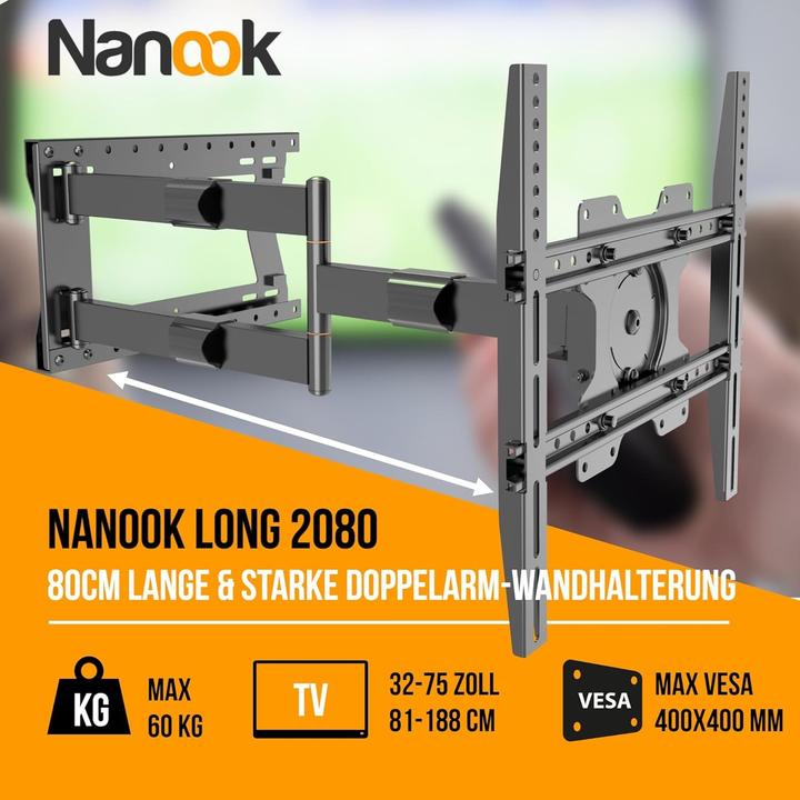 Actual product image Nanook TV bracket with extra long arm tot 80 cm - Draaien - 32-75 inch - Max. 60 kg - VESA 100x100 t/m (Wall, 60 kg, 32" - 75")