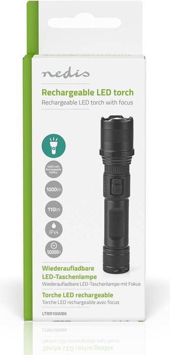Actual product image Nedis LED torch, full metal housing, rechargeable battery, 3.7 V, 10 W (3.50 cm, 1000 lm)