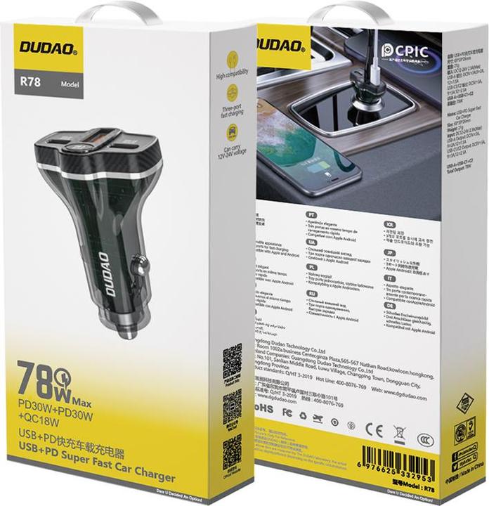 Immagine prodotto Dudao R78 78W Caricatore da auto USB-C PD / 2xUSB-A QC - Nero
