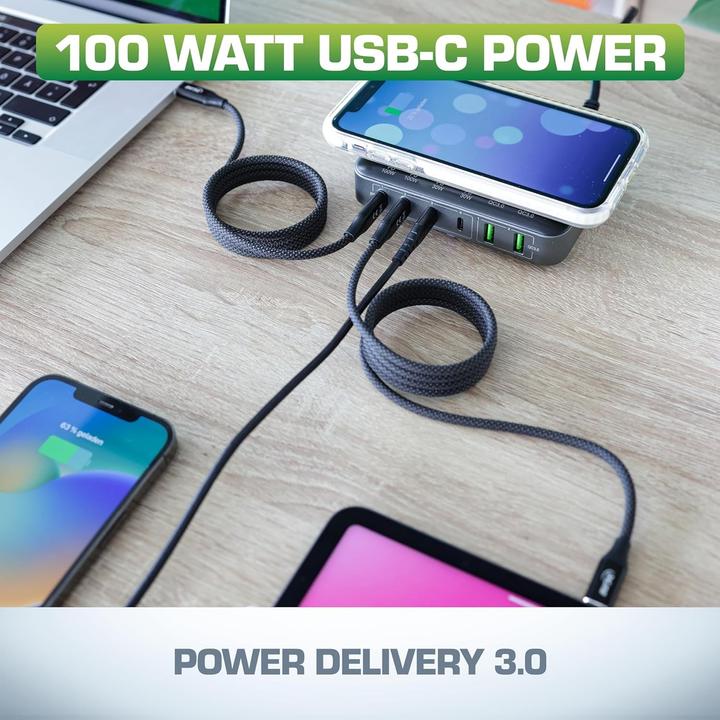 Immagine prodotto InLine Qi Powerstation Multiport, alimentatore, caricatore, 4x USB Tipo-C, 2x USB Tipo-A, GaN, 100W, cavo (100 W, 6 porte)