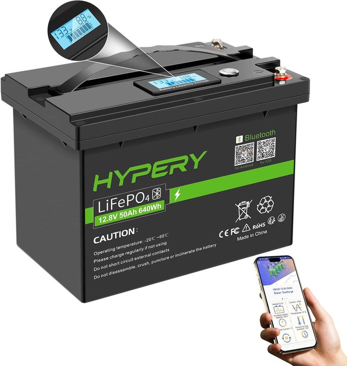 Hypery LiFePO4 Batterie mit Bluetooth und LED-Display (12 V, 50 Ah)