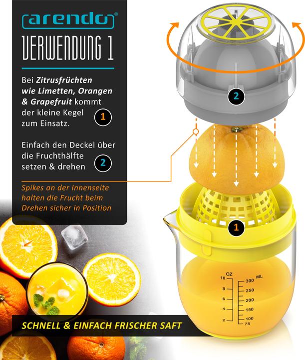 Produktbild Arendo Zitruspresse, Saftpresse, Entsafter manuell, Limettenpresse, Zitronenpresse, 300 ml, Orangenpresse