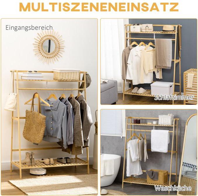 Immagine prodotto Swisshandel24 Kleiderständer Garderobenständer mit zwei Kleiderhaken, Kleiderstange, Natur