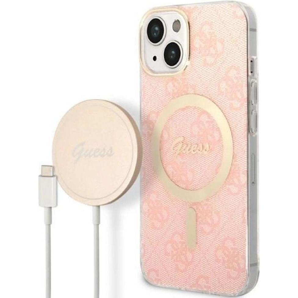 Guess Zestaw GUBPP14SH4EACSP Case+ Charger iPhone 14 6,1" różowy/pink hard case 4G Print MagSafe (Apple iPhone 14), Smar...