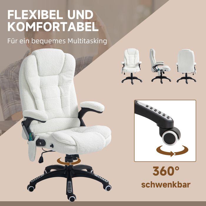 Produktbild Swisshandel24 Massage-Bürostuhl mit Wippfunktion, mit Heizfunktion, Liegefunktion, mit Fussstütze, Teddysamt, Weis (45 - 55 cm)