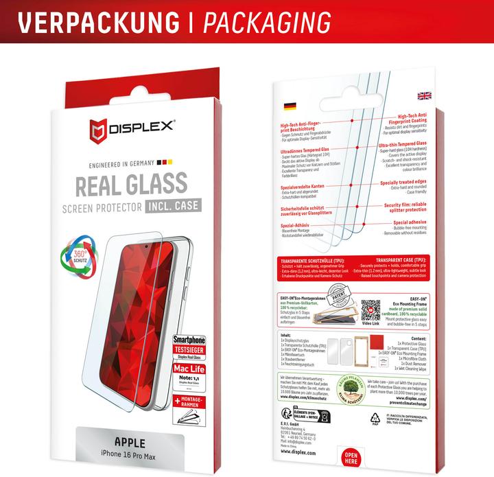 Produktbild Displex Real Glass, 2D Panzerglas + Handyhülle (1 Stk., Apple iPhone 16 Pro Max)