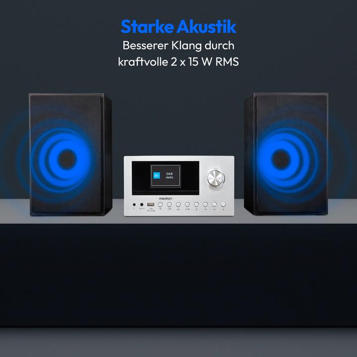 Image du produit Medion P85003 - Micro Système Audio - DAB+ - WiFi - Lecteur CD - Bluetooth - Argent (Bluetooth, WiFi, Lecteur de CD, 1x 30 W)
