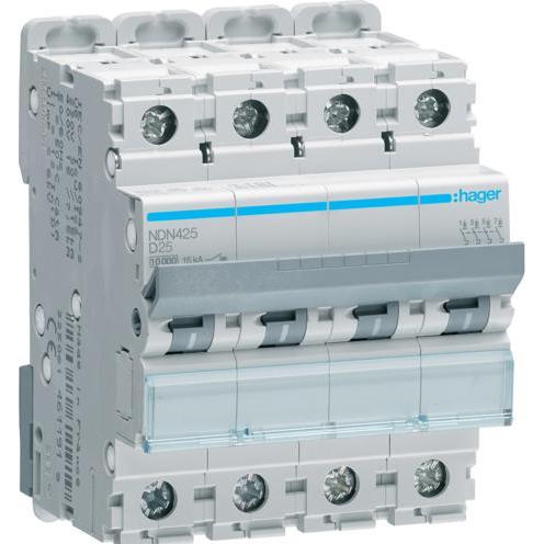 Hager, Schutzschalter, HAG NDN425 Leitungsschutzschalter 4 polig 10kA D-Charakteristik 25A 4 Module