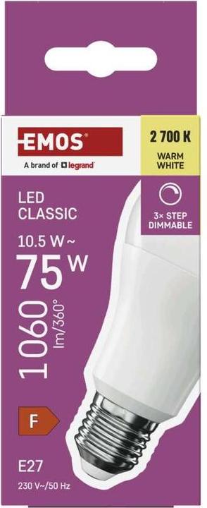 Produktbild Emos LED Lampe Classic A60 / E27 / 10,5 W (75 W) / 1 060 lm / Warmweiss / Stufendimmung (E27, 1060 lm, 1x)