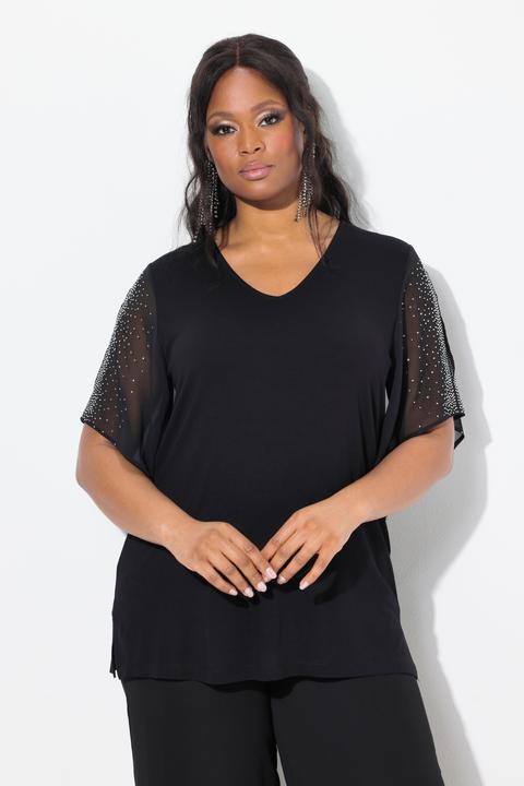 Produktbild Ulla Popken T-Shirt, Ziersteine, A-Linie, V-Ausschnitt, 3/4-Chiffonärmel (50, 52)